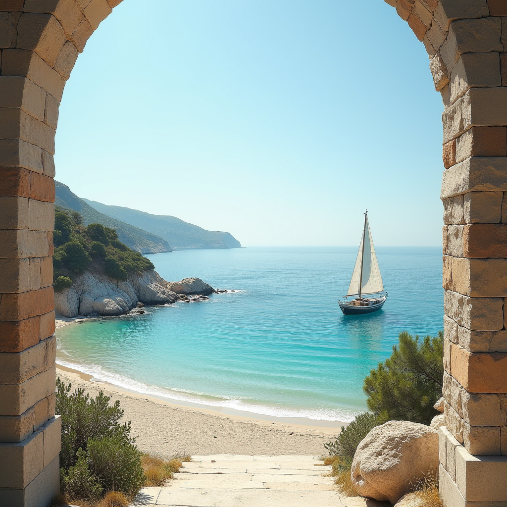 A sailboat gracefully floats on a tranquil turquoise sea, viewed through an ancient stone archway with a picturesque beach and lush hills in the background.