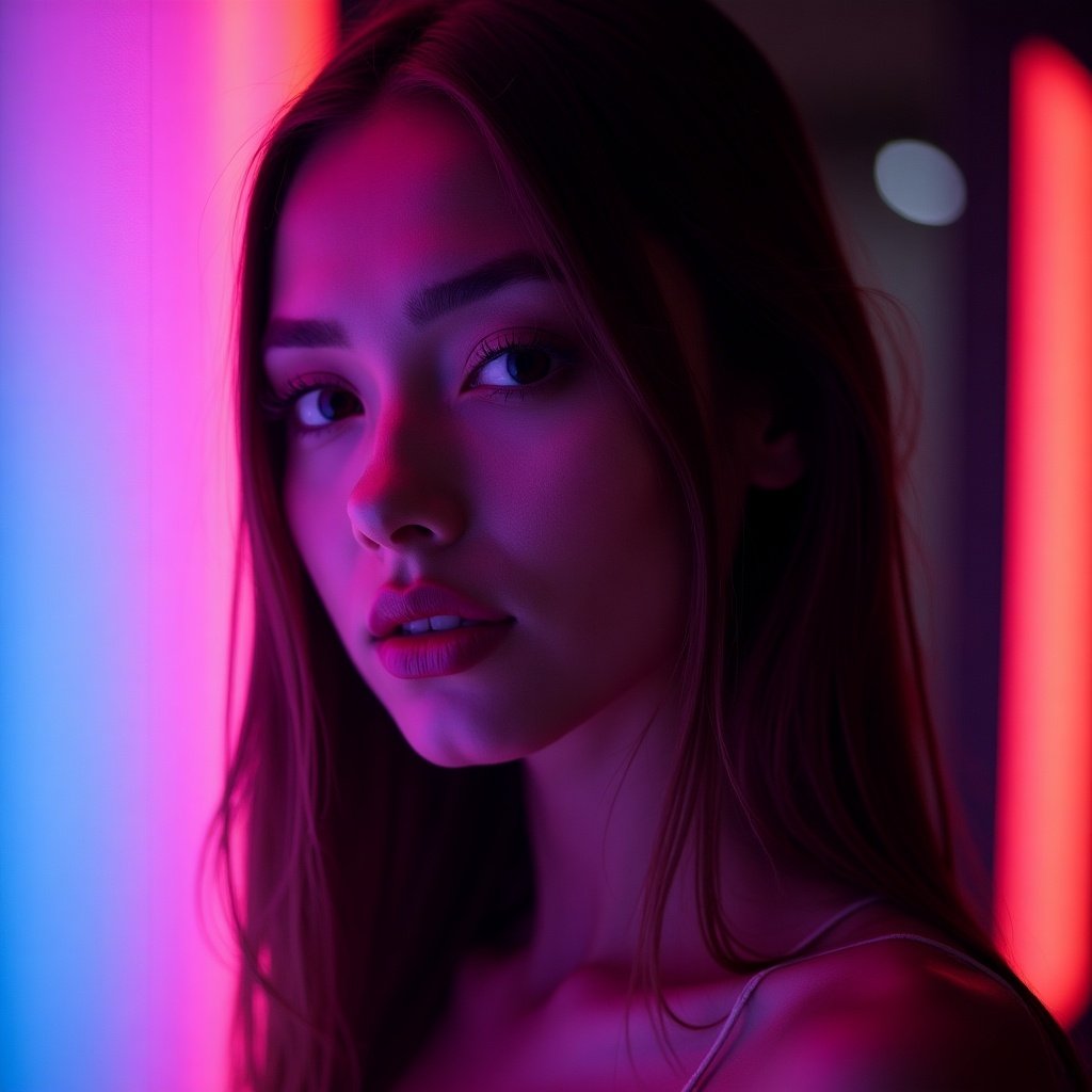 This image showcases a full portrait of a young woman in a captivating setting. She is illuminated by vibrant pink and blue neon lights, creating a dramatic effect. Her gaze is direct and confident, evoking a sense of allure. The lighting accentuates her facial features beautifully. Her straight hair flows around her face, adding to the overall modern aesthetic. This striking contrast between the colors and her skin creates a visually stunning impact. It’s perfect for use in fashion or beauty contexts. The setting looks electrifying, making the entire image pop.