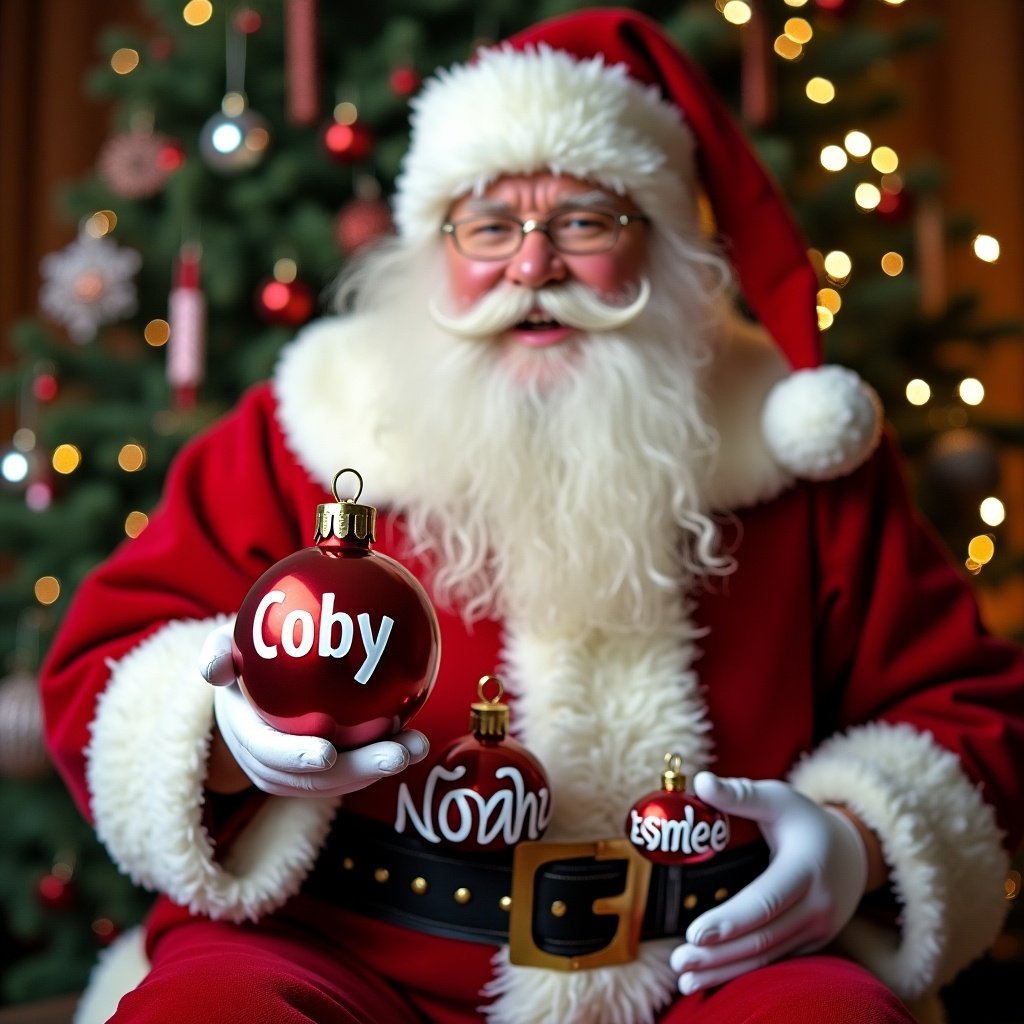 Father Christmas sits in a cozy, festive setting, surrounded by twinkling Christmas lights and a beautifully decorated tree. He holds a red bauble prominently featuring the name 'Coby'. In his other hand, he shows more baubles with the names 'Noah' and 'Esmae'. His joyful expression and traditional red and white costume embody the holiday spirit. The background is filled with shimmering lights and holiday decorations, creating a warm and inviting atmosphere. This image captures the essence of personalized Christmas magic.