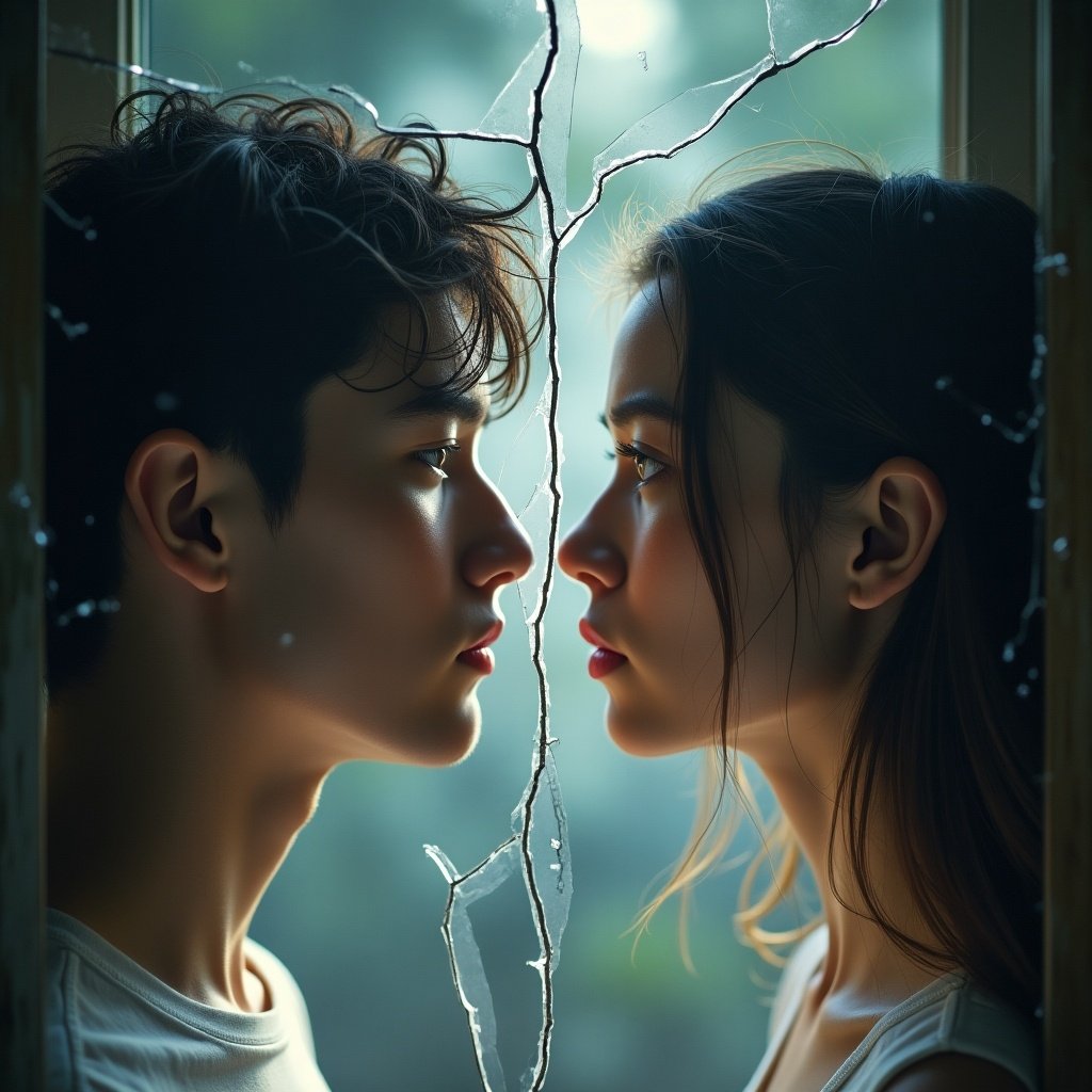 This image depicts a young man and woman standing face-to-face, separated by a cracked mirror. The cracked surface symbolizes emotional and mental health challenges. Their expressions evoke a sense of anxiety and sadness. The lighting is soft and natural, enhancing the mood. This ultra-detailed image is rich in emotional undertones, providing a deep reflection on mental well-being.