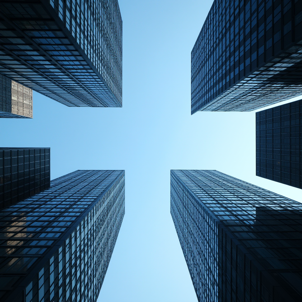 Four skyscrapers frame a bright, clear sky in urban symmetry.