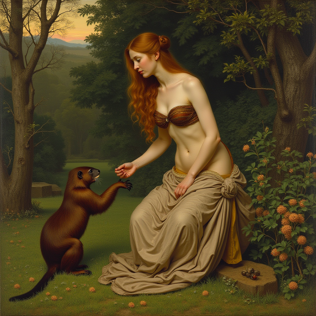 A woman in a classical setting offers her hand to a curious beaver in a tranquil forest scene.