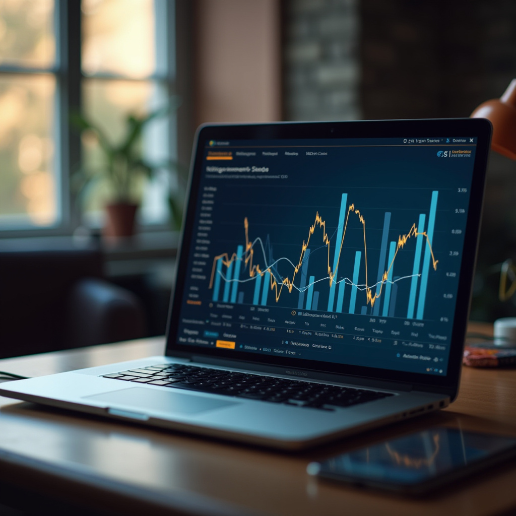 A laptop displaying a colorful financial graph sits on a wooden desk beside a window with a blurred plant in the background.