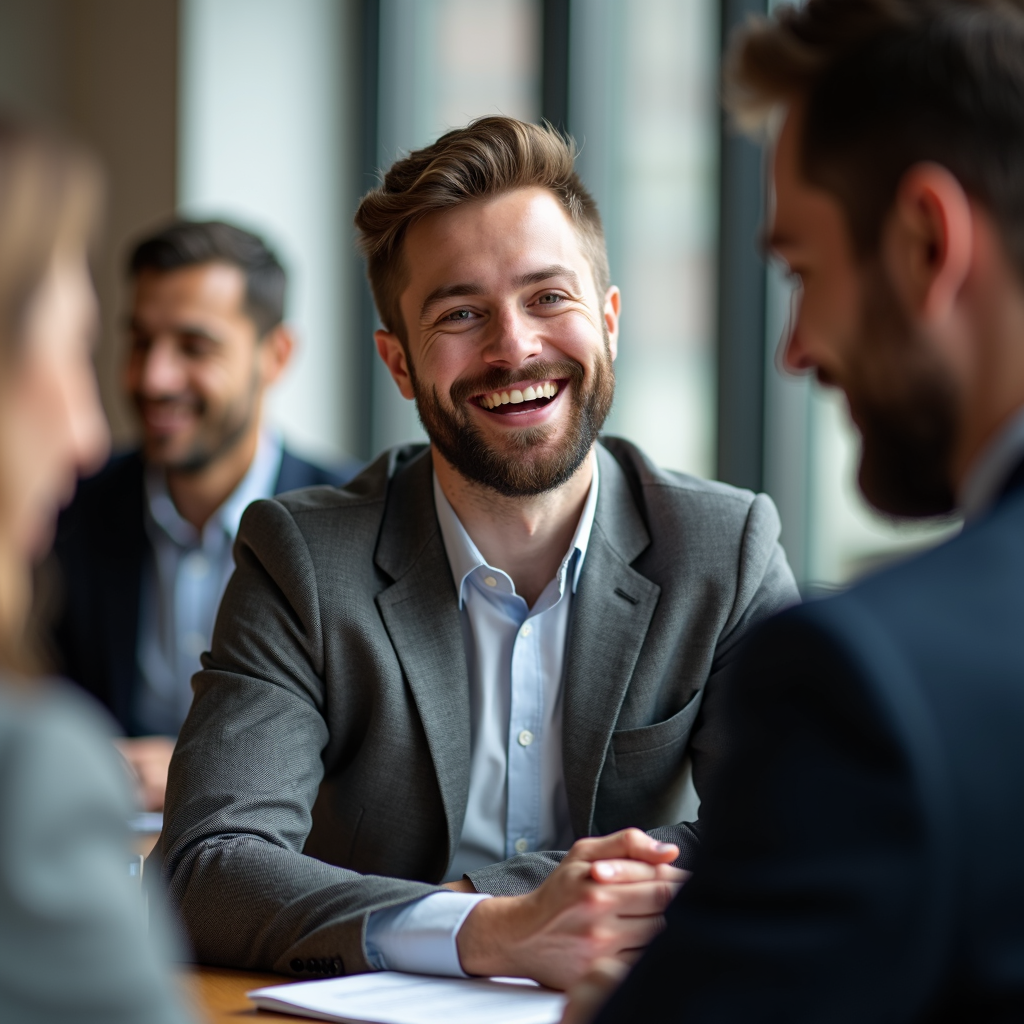 A brightly lit meeting room with a joyful, bearded man in a gray suit smiling, surrounded by colleagues engaged in conversation.