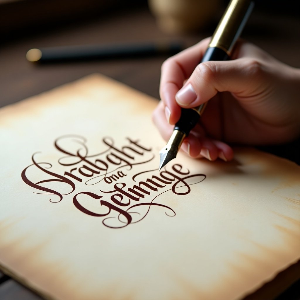 This image showcases a person elegantly writing on parchment paper using a fountain pen. The focus is on the delicate calligraphy being created. The warm light enhances the refined texture of the paper and the ink. The scene conveys a sense of artistry and craftsmanship. Ideal for inspiring anyone interested in the art of writing and calligraphy.