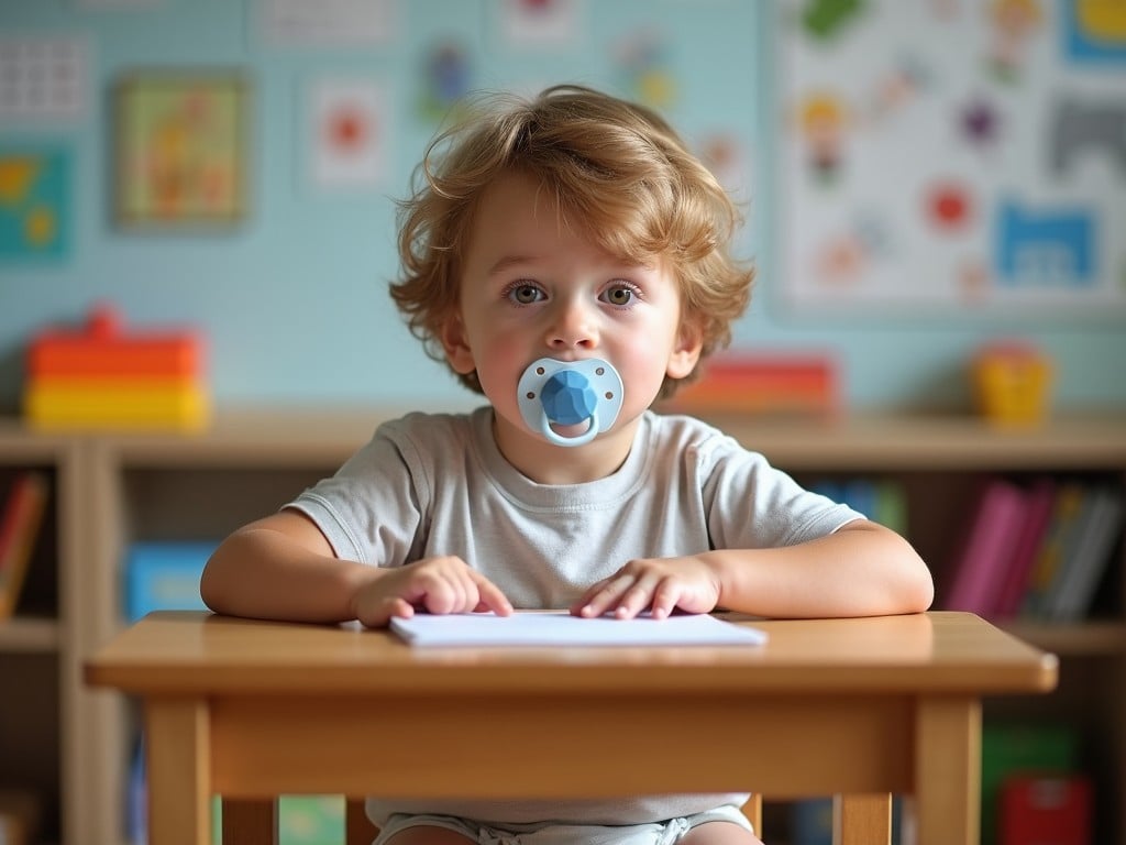 A toddler with a pacifier sitting at a small desk in a classroom setting, looking directly at the camera, surrounded by colorful educational posters and bookshelves.