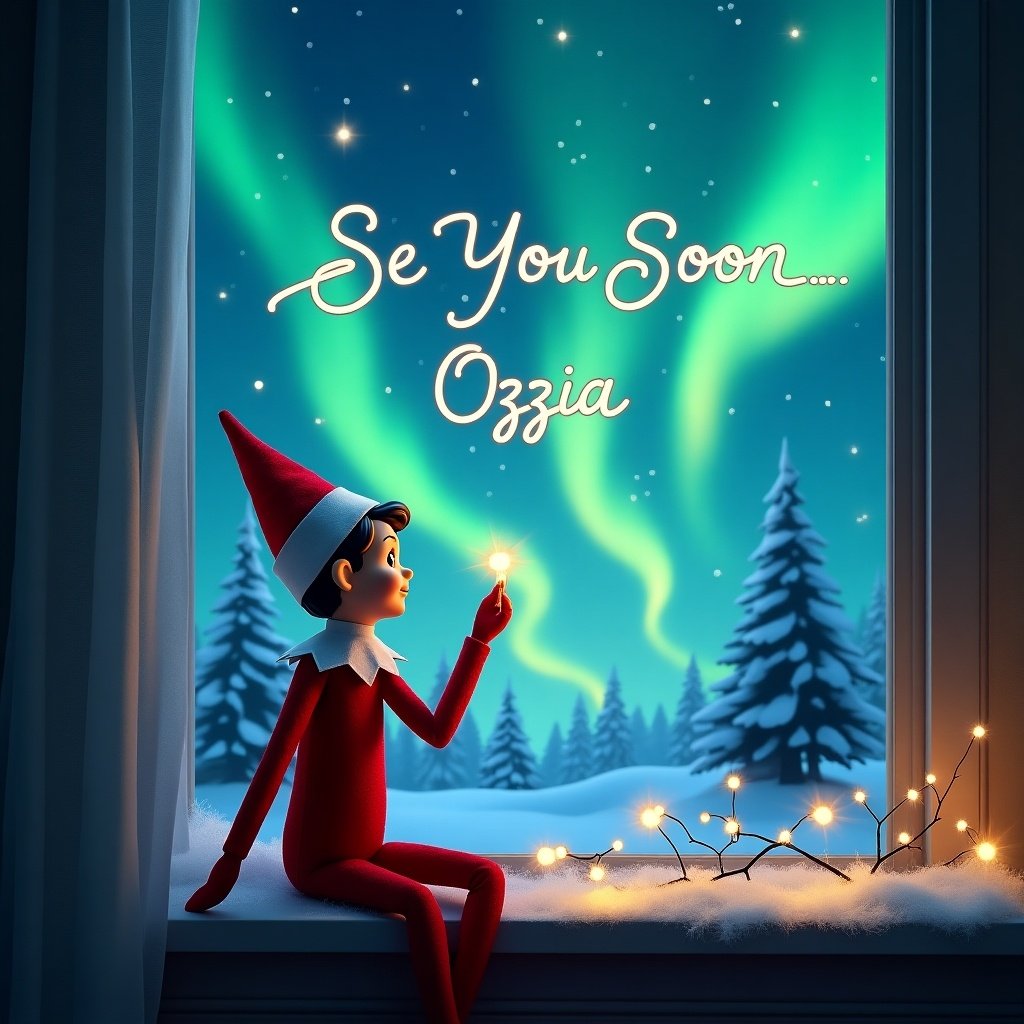 This image features an elf on the shelf character sitting by a window during the Christmas season. The elf is gazing out at the spectacular northern lights illuminating the night sky. Delicate fairy lights adorn the window sill, adding to the festive atmosphere. The elf holds a small light or spark, symbolizing hope and excitement. Above, the message 'Se You Soon.... Ozzy' is artistically written in the sky, creating a whimsical touch to the scene.