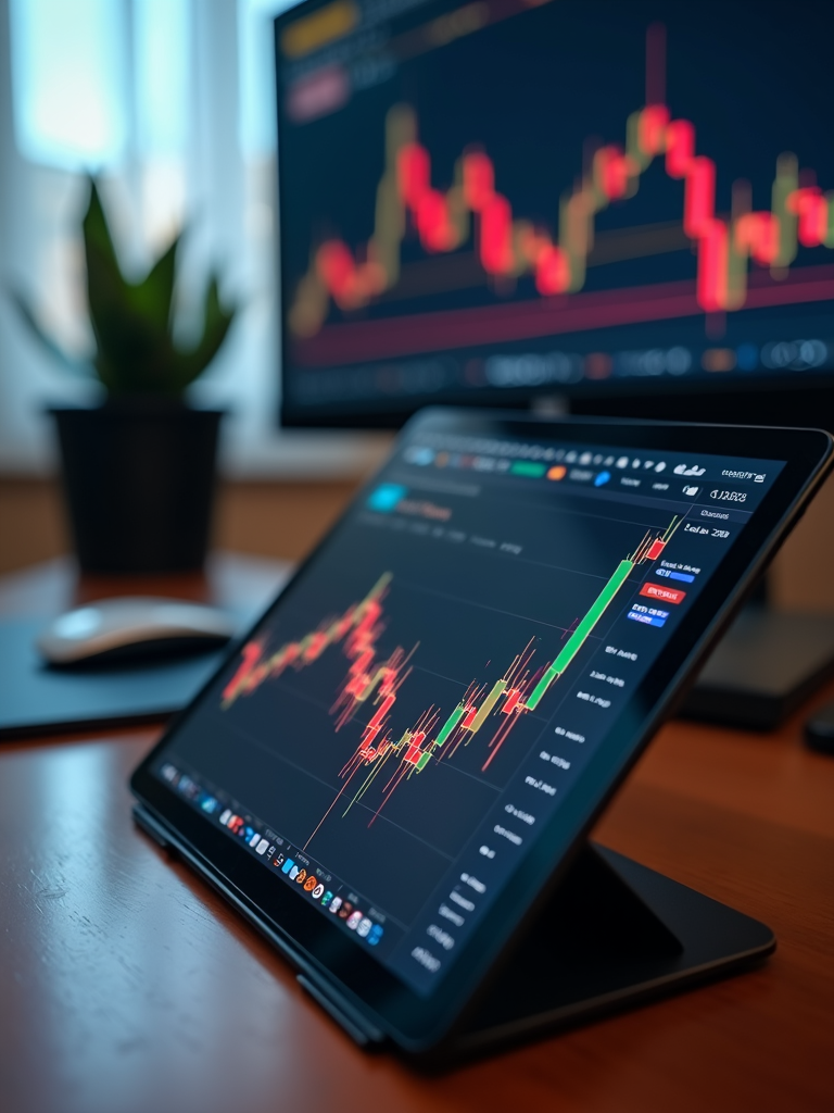 A tablet and monitor display stock market charts with candlestick graphs.