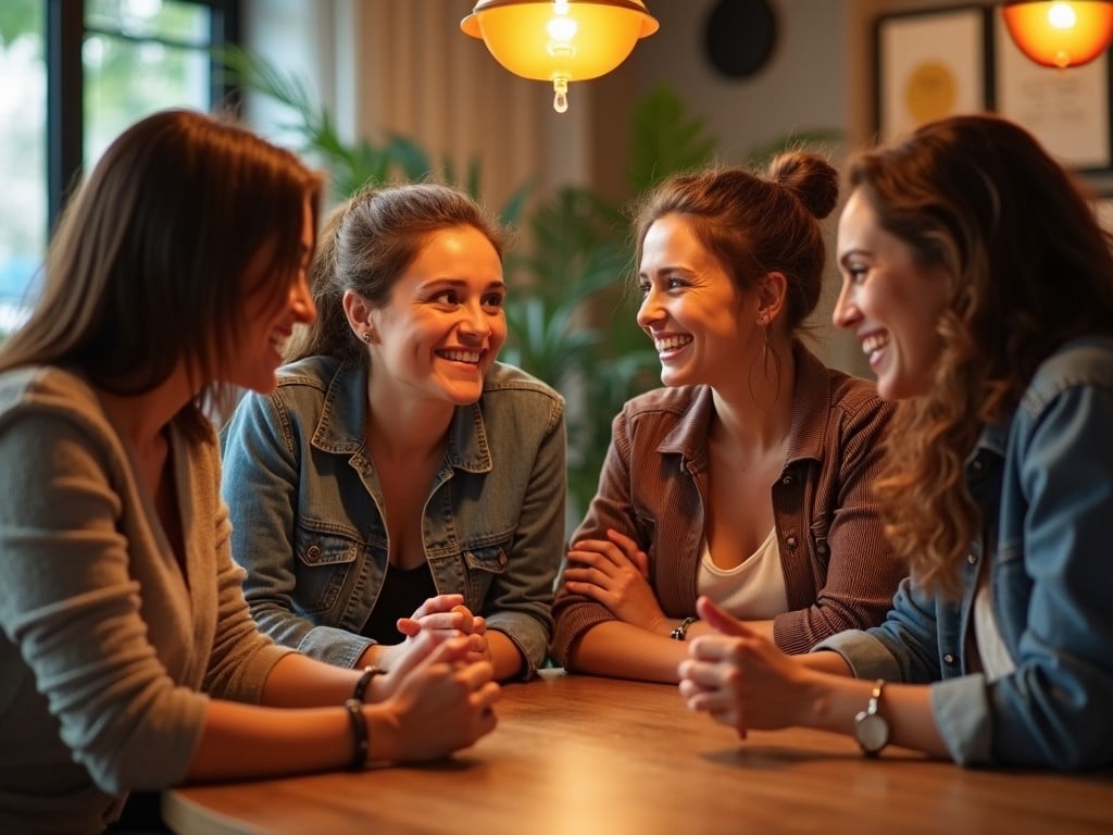 Four people are seated at a wooden table, showcasing a relaxed and friendly atmosphere. They are smiling and engaged in conversation, creating a warm and inviting scene. The setting is casual, reminiscent of a coffee shop or home environment. Natural light and soft overhead lighting highlight their expressions, enhancing the sense of camaraderie. This image captures the essence of friendship and connection among peers.