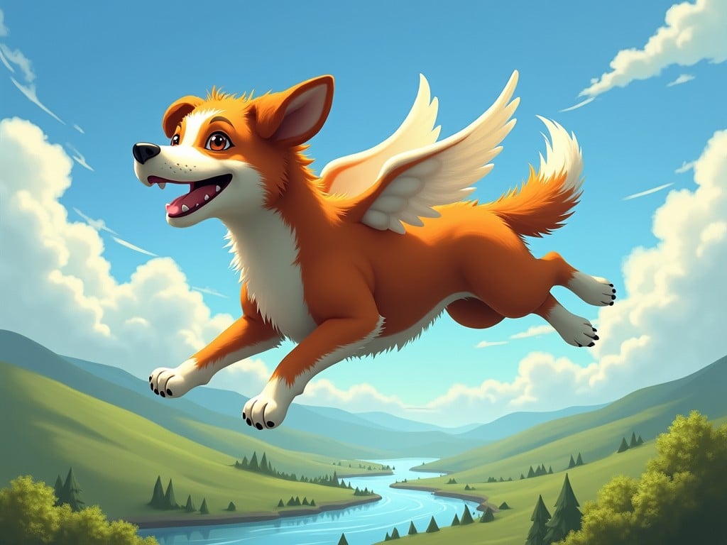 A joyful cartoon dog with wings flying over a scenic valley, blue skies and river below.