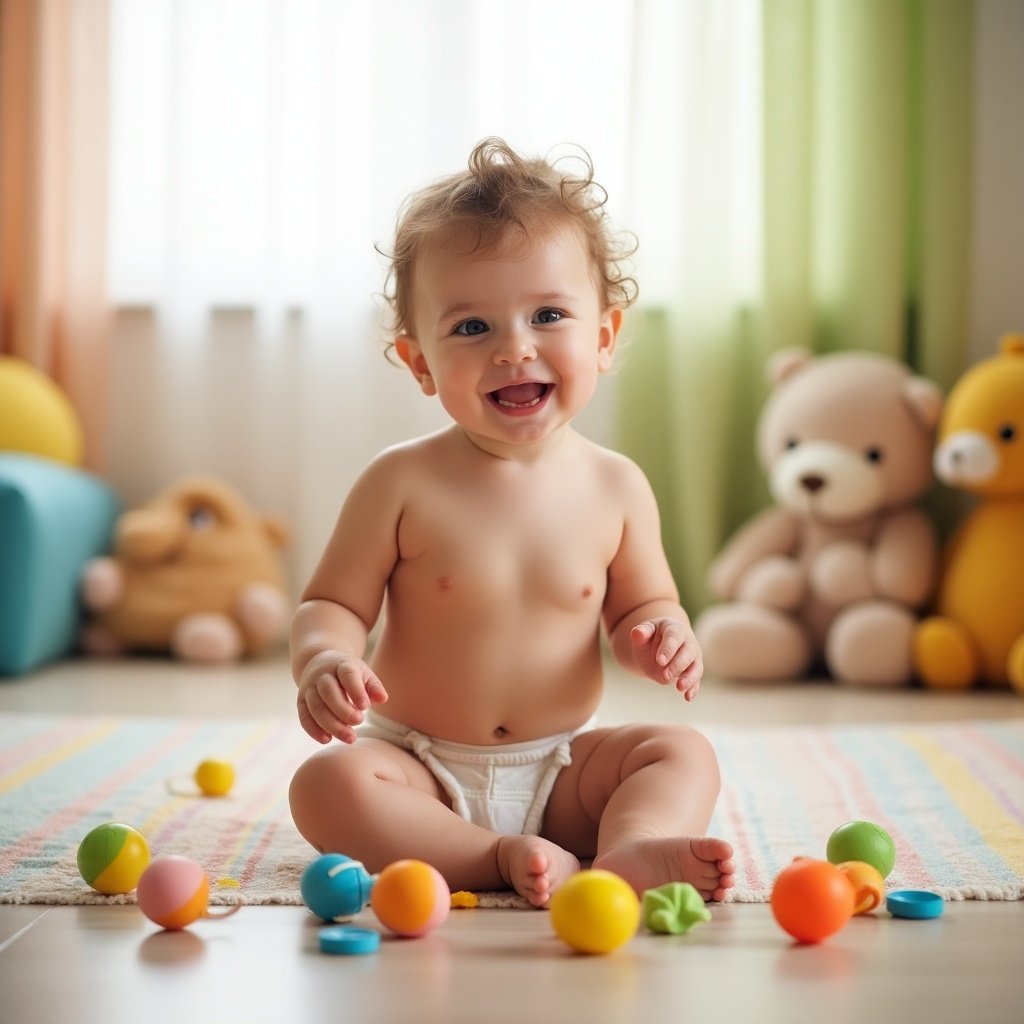 The image shows a joyful toddler sitting on the floor surrounded by colorful toys. The baby, with curly hair, is smiling brightly while playing. Soft, pastel colors dominate the scene, creating a warm and inviting atmosphere. The background features gentle lighting from the windows and a cozy play area with plush toys. This scene captures the innocence and joy of early childhood, making it relatable for parents and caregivers.