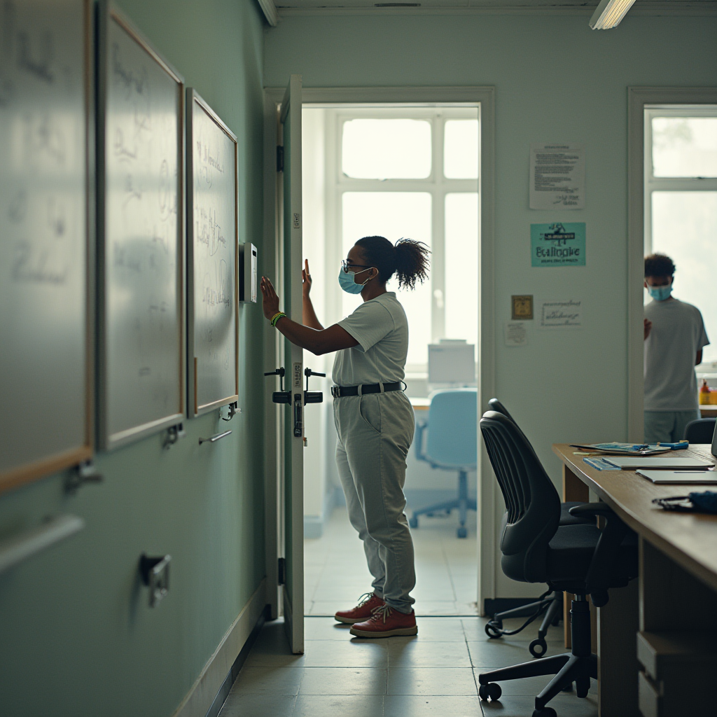 A person in a mask interacts with a wall panel in a classroom with another person in the background.