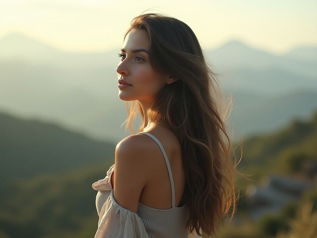 The image showcases a woman with long hair standing against a scenic mountainous backdrop. She is posed in profile, with a serene expression that conveys a sense of peace. The warm sunlight casts a golden hue on her skin, enhancing her features. The background is blurred, allowing the viewer to focus on her profile while the natural beauty of the landscape complements her. This portrait captures a moment of calm and reflection in nature.