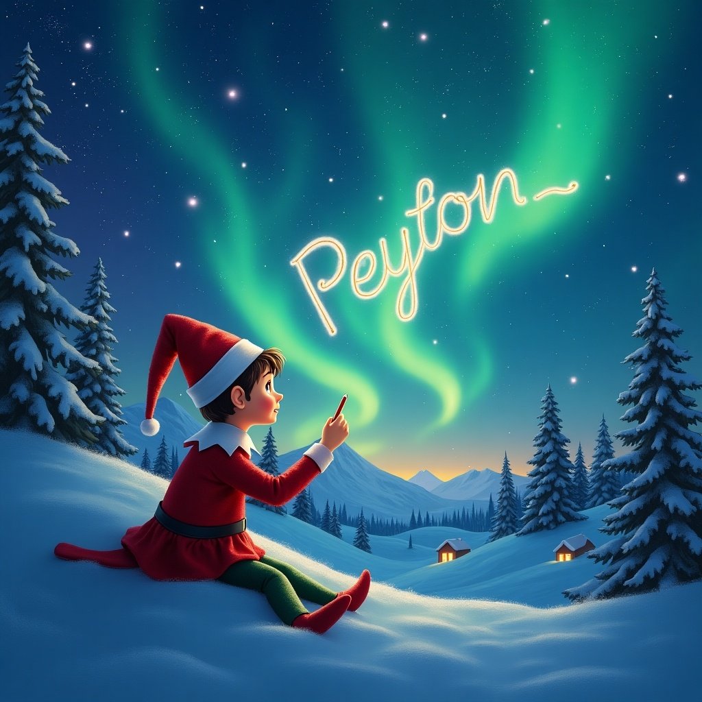 An imaginative scene featuring a child dressed as an elf sitting in the snow on a clear night. The elf is joyfully pointing to the sky where the name 'Peyton' appears illuminated by the glowing northern lights. Surrounding the elf are tall snow-covered trees, and distant houses softly lit, creating a warm atmosphere in the cold winter night. The northern lights cascade in vibrant greens and blues across the starry sky, enhancing the magical feel of the moment. It's a whimsical holiday illustration designed to evoke childlike wonder and holiday cheer.