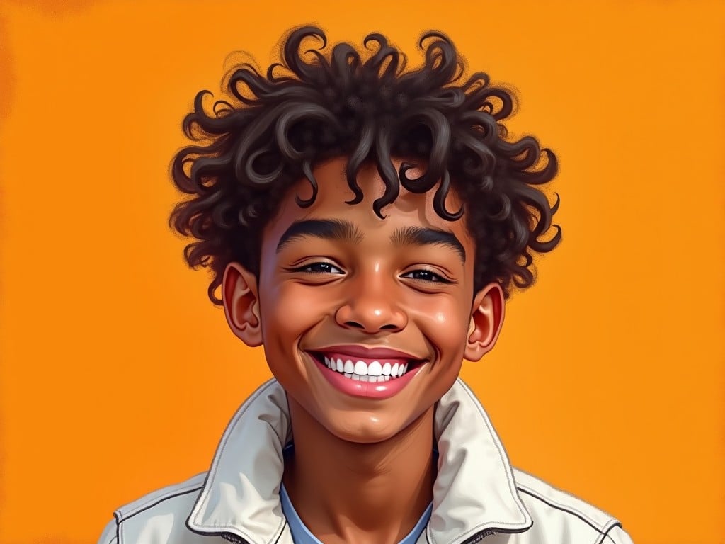 The image depicts a portrait of a young man with curly hair and a bright smile, set against an orange background that conveys warmth and happiness. He is wearing a white jacket, giving off a stylish and cheerful vibe. The painting style is expressive, with visible brush strokes that add texture and depth to the image. The lighting in the portrait enhances the subject’s features, making them appear vibrant and lively. Overall, the artwork radiates positivity and charm.