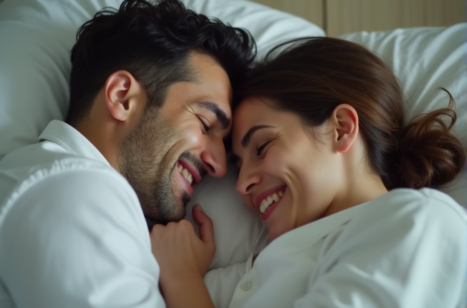 A joyful couple lies close, sharing smiles and warmth under soft lighting.