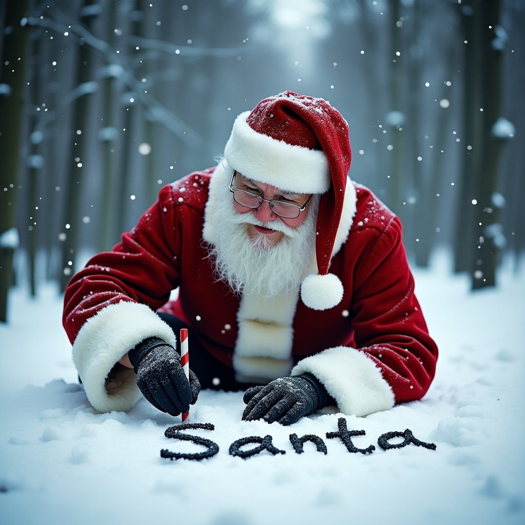 The image features Santa Claus in his traditional red suit writing in the snow. He has a white beard and glasses, exuding a joyful demeanor. The snow is gently falling around him, creating a serene winter atmosphere. The focus is on the name 'Chloe' being inscribed in the fresh snow. Surrounding the scene are tall, snow-covered trees, enhancing the holiday charm. This image captures the essence of the festive season and the wonder of Santa's magic.