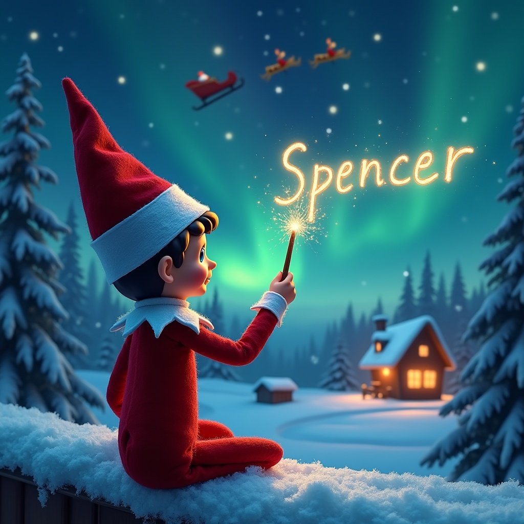 The scene depicts an adorable elf from the popular 'Elf on the Shelf' concept, seated on a snowy ledge with his back facing the viewer. He's gazing into a starry sky, holding a wand that sparkles as he writes the name 'Spencer' in the air. The backdrop features a stunning display of northern lights dancing in vibrant colors against a winter night sky. In the distance, there's a cozy cabin glowing warmly, with Santa and his sleigh visible flying across the night sky. The overall feel of the image radiates Christmas magic and joy, perfect for capturing the spirit of the holiday season.