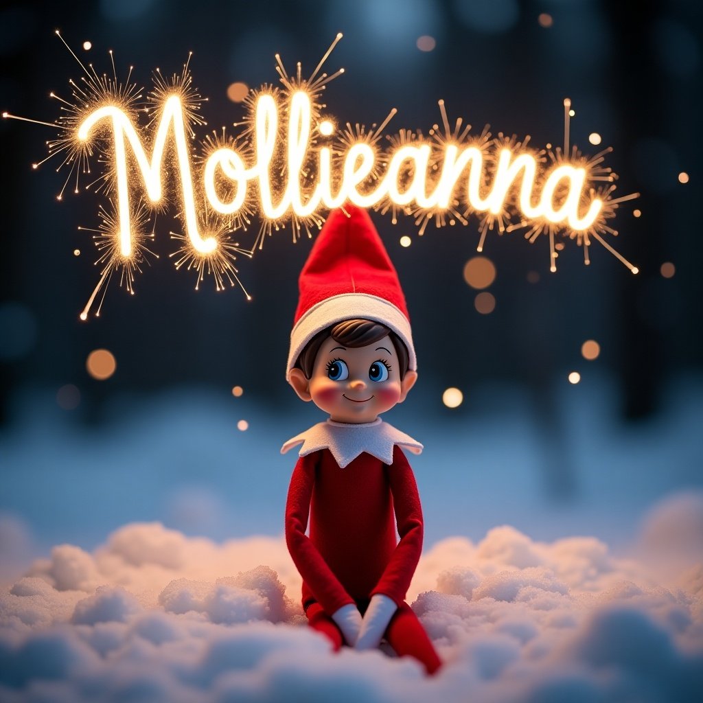 This image features a cheerful Elf on the Shelf named Mollieanna, sitting in a snowy setting during nighttime. The elf is dressed in a bright red outfit, complete with a pointy hat, surrounded by fluffy white snow. Above her, the name 'Mollieanna' sparkles in the sky, created with glowing sparklers, adding to the festive atmosphere. The scene is adorned with magic, representing the joy of the holiday season. The overall ambiance is enchanting and perfect for celebrating Christmas cheer.