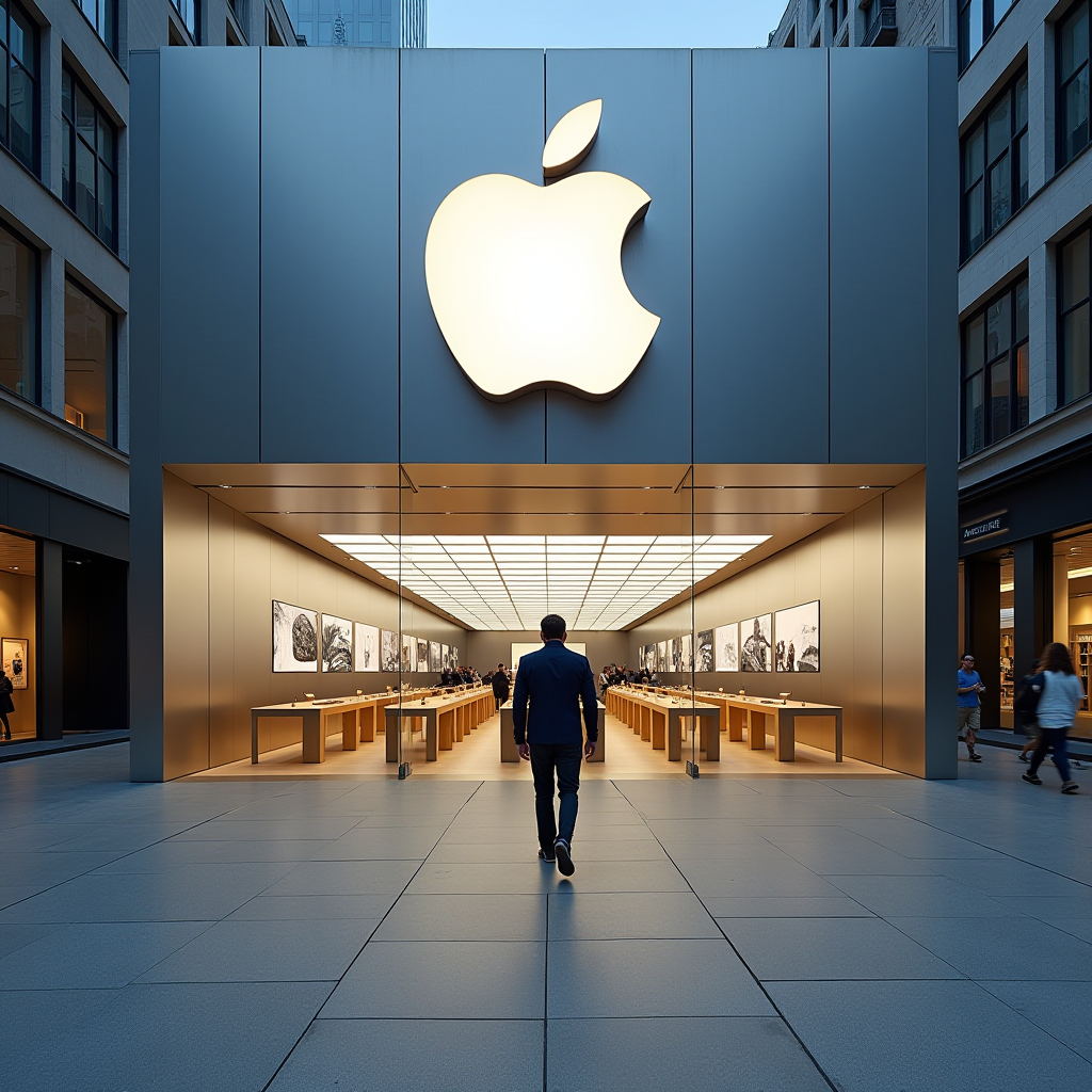 A man walks into a sleek, modern store featuring a large glowing apple logo above the entrance.