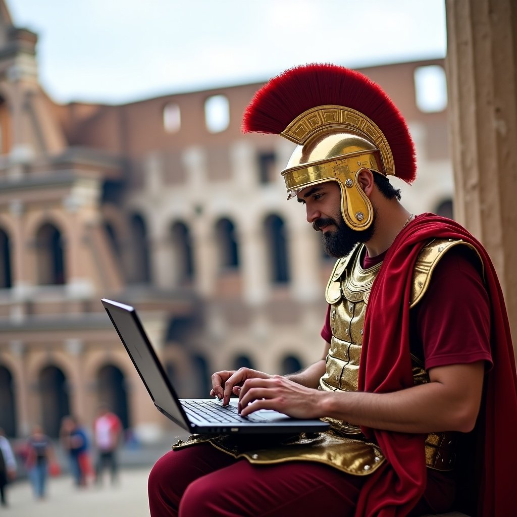 A Roman soldier dressed in traditional attire sits in front of the Colosseum. He is intensely focused on using a laptop, merging ancient history with modern technology. His golden helmet shines under the soft light, contrasting with his maroon tunic. The background features the grand architecture of the Colosseum, filled with people exploring. This image captures a unique blend of the past and present, evoking curiosity and humor.