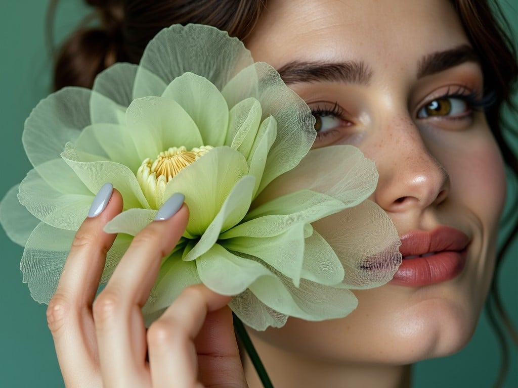 This image captures a close-up of a woman's face partially hidden by a delicate, translucent green flower. The woman's expression is serene and contemplative, accentuated by her soft, subtle makeup and gentle freckles. The flower, with its layered petals, complements the smooth tones of her skin, creating a harmonious and elegant composition.