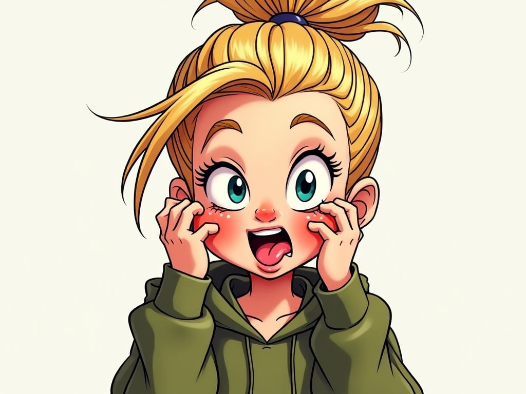 The image features a close-up of a cartoonish girl with blonde hair styled in a high bun. She's wearing an olive green cropped hoodie and is making an exaggerated, silly face. Her tongue is sticking out, and her eyes are wide open with one squinting playfully. Her cheeks are puffed out while she's pulling at the sides of her mouth. The artistic style is highly cartoonish, with bold lines and simplified shading. The overall vibe of the image is fun and whimsical, capturing a spontaneous and humorous moment.