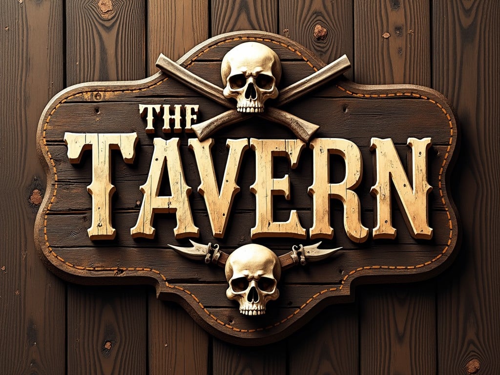 The image showcases a vintage tavern sign, crafted from dark wood with a boldly carved letter style spelling 'THE TAVERN'. The sign features intimidating skulls and crossed guns, adding a rugged, old-west or pirate vibe. The detailed texture of the wood and the worn look of the paint enhance the rustic and antiquated appearance, making it seem like a relic from a bygone era.