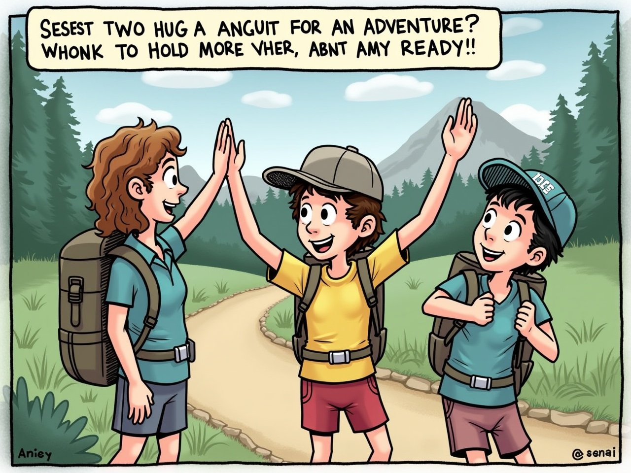 At the trailhead, Aunt Amy greeted her two young friends with big hugs and high-fives. The sun was shining brightly, casting a warm glow on the surroundings. Carson adjusted his baseball cap, his eyes sparkling with excitement as he looked at his companions. Aunt Amy, enthusiastic and caring, asked if they were ready for an adventure. Both children shouted 'Ready!' in unison, eager and thrilled to start their exploration of the great outdoors.