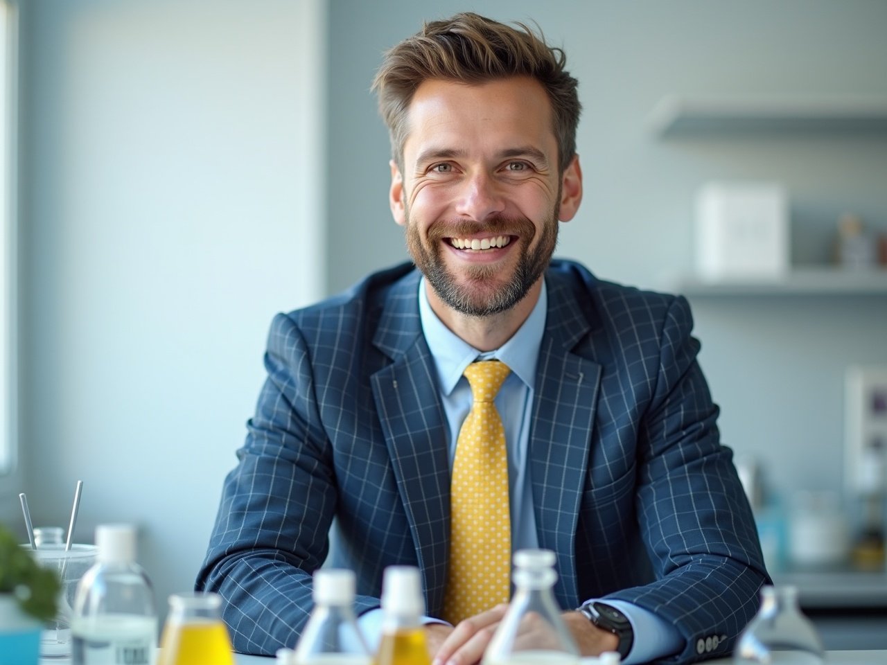 The image features a man smiling in a professional setting. He is wearing a navy blue checkered suit and a light blue shirt, complemented by a yellow polka dot tie. There is a soft, light background that adds a clean and polished look. The man is positioned confidently, giving off a cheerful and approachable vibe. Imagine this scene taking place in a laboratory where he is engaged in the process of making shampoo, surrounded by beakers and ingredients.