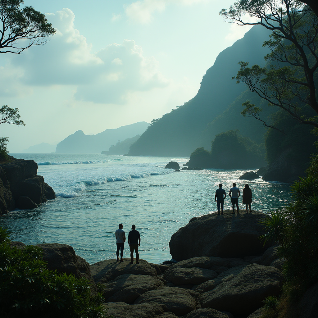 Silhouetted figures stand on rocks by the ocean, surrounded by mountains and trees.