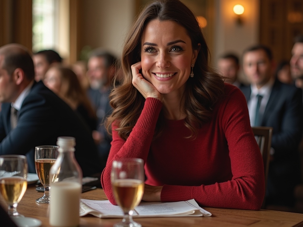 The image showcases a woman seated at a gathering, radiating warmth and charm with a smile. She wears a striking red sweater, emphasizing her elegance and approachability. Surrounding her are other attendees engaged in conversation, contributing to a lively atmosphere. Glasses of beverages are artfully arranged on the table, enhancing the scene's sophistication. The lighting is warm and inviting, adding a cozy feel to the event. This moment captures the essence of a refined social occasion, with the woman as the focal point.