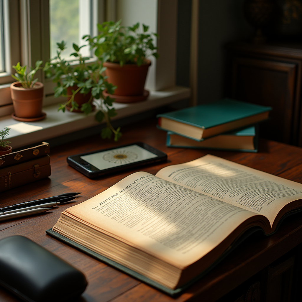 An open book on a wooden desk beside a window with potted plants and a digital device nearby.