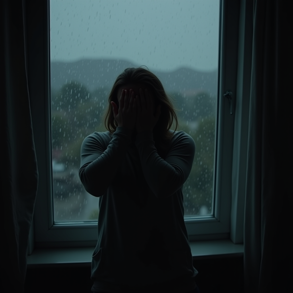 A silhouette of a person stands in front of a rain-spattered window, with their head in their hands, against a backdrop of a moody, overcast sky.