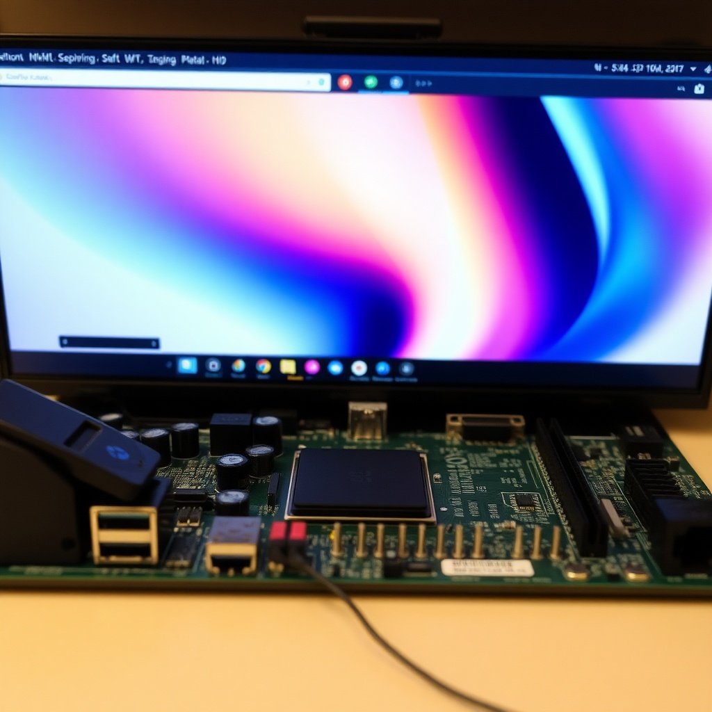 A close-up image of a computer motherboard placed in front of a monitor displaying a colorful abstract digital pattern.