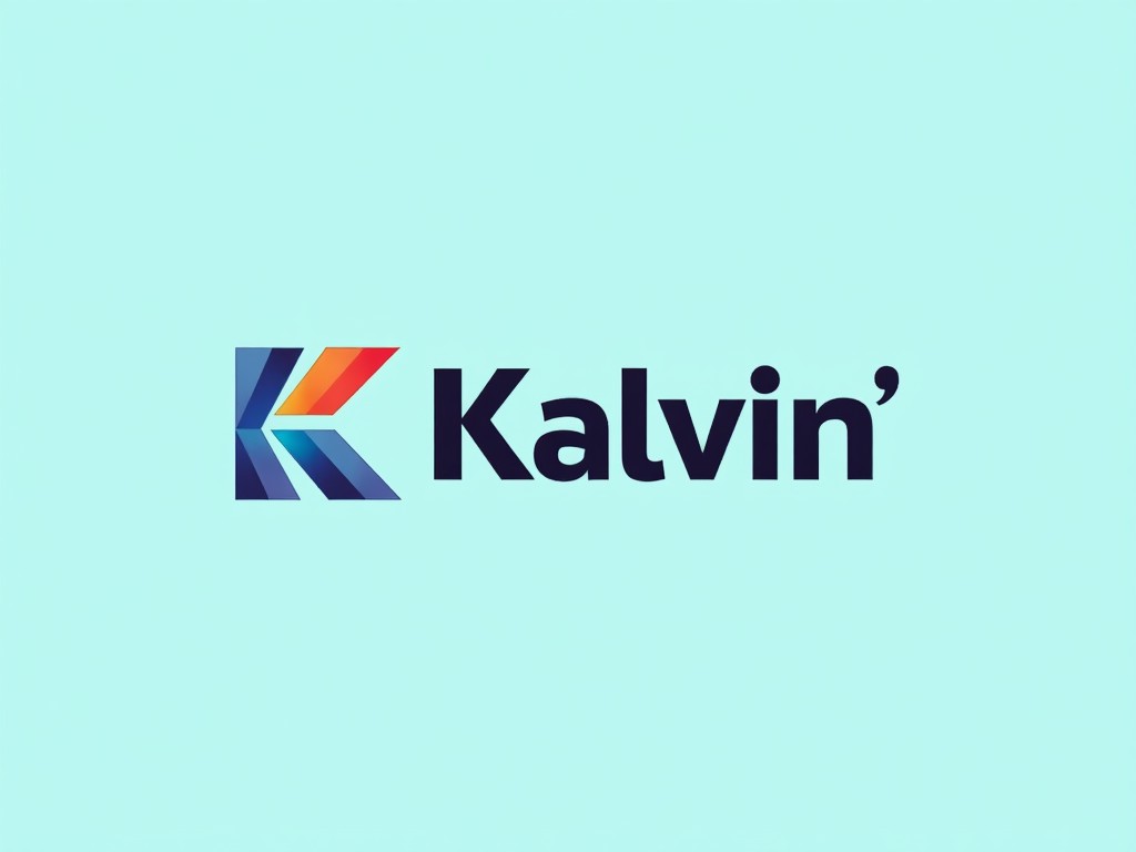 The image features a modern logo design for 'Kalvin'. The logo includes a bold 'K' composed of geometric shapes in vibrant colors like red, orange, blue, and dark navy. The background is a soft mint green, which emphasizes the brightness of the logo. The logo text appears sleek and contemporary, showcasing a minimalist style. This design is suitable for a fashion or retail brand aiming to appeal to a trendy audience.