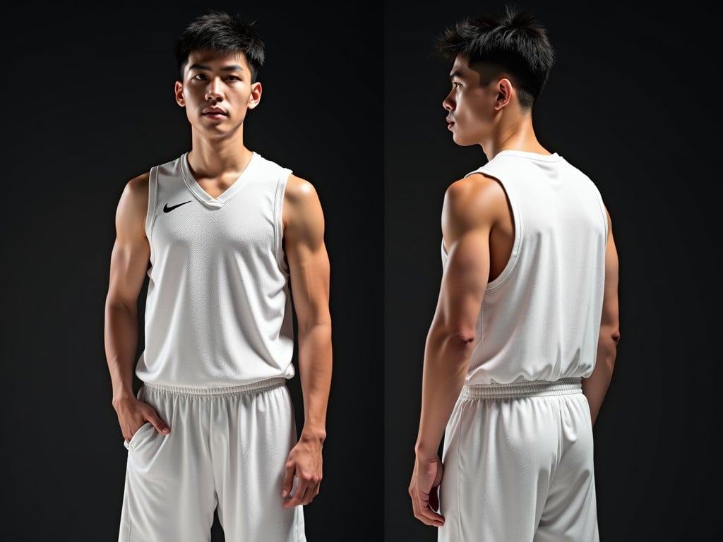 A young male athlete in a white basketball uniform poses confidently against a dark background, captured from the front and side.