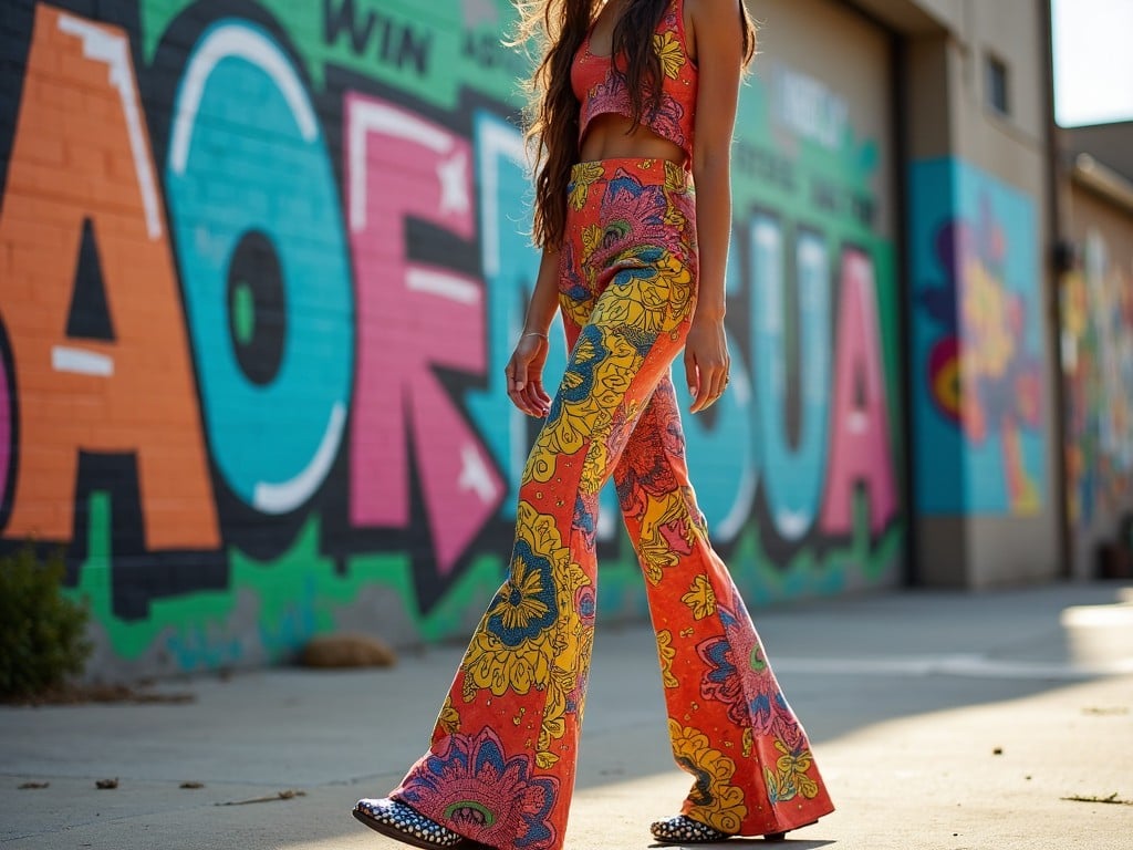 A person walking in front of a colorful graffiti wall, wearing retro-style vibrant clothing with flared pants and floral patterns.