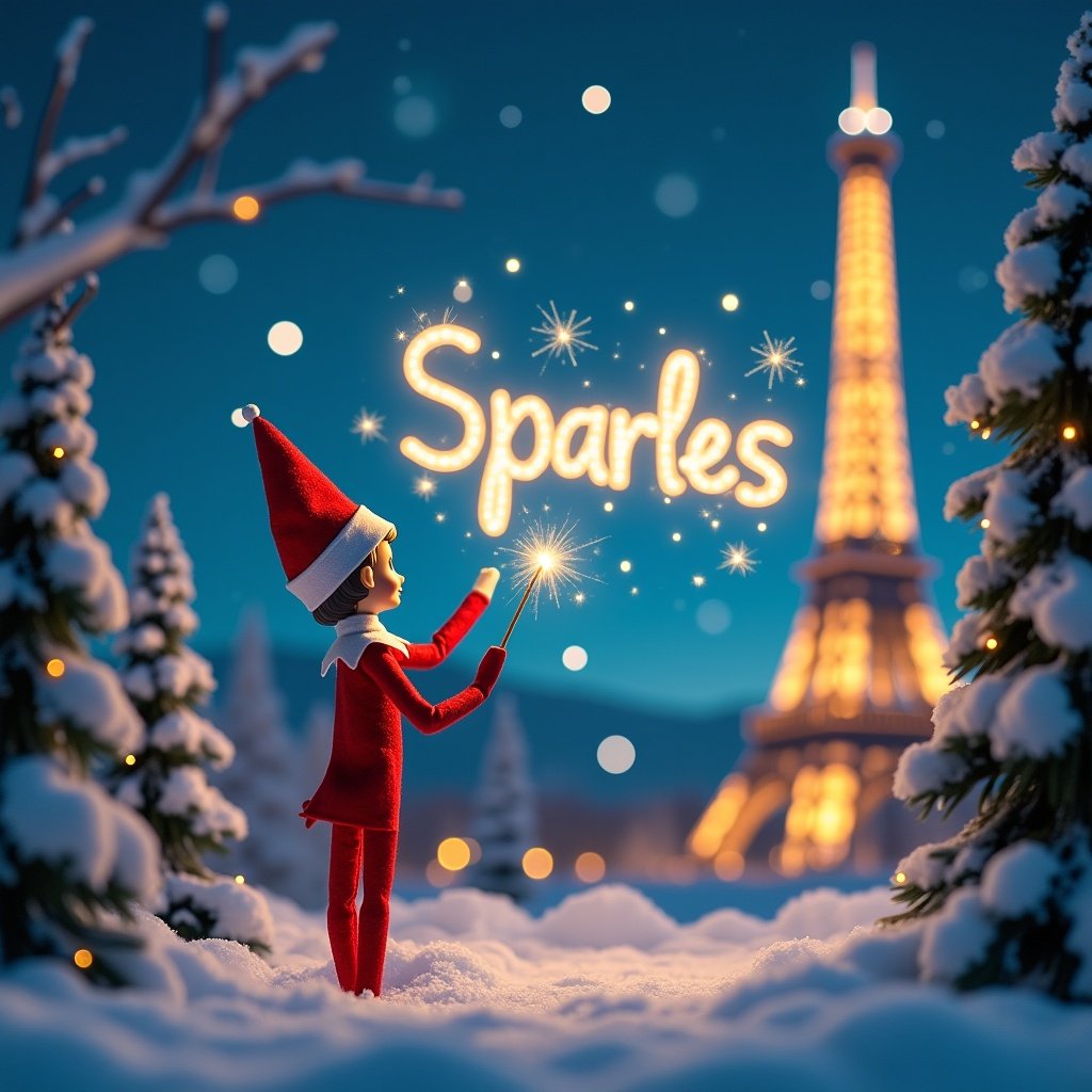 In a whimsical winter landscape, a girl elf on the shelf stands with their back to the viewer, gazing up at a magnificent night sky illuminated by the Eiffel Tower. With a wand in hand, the elf magically creates the name 'Sparkles' in the air, surrounded by fairy lights. Snow-covered trees and twinkling lights enhance the enchanting atmosphere. The entire scene radiates a cheerful and festive vibe, perfect for the holiday season.