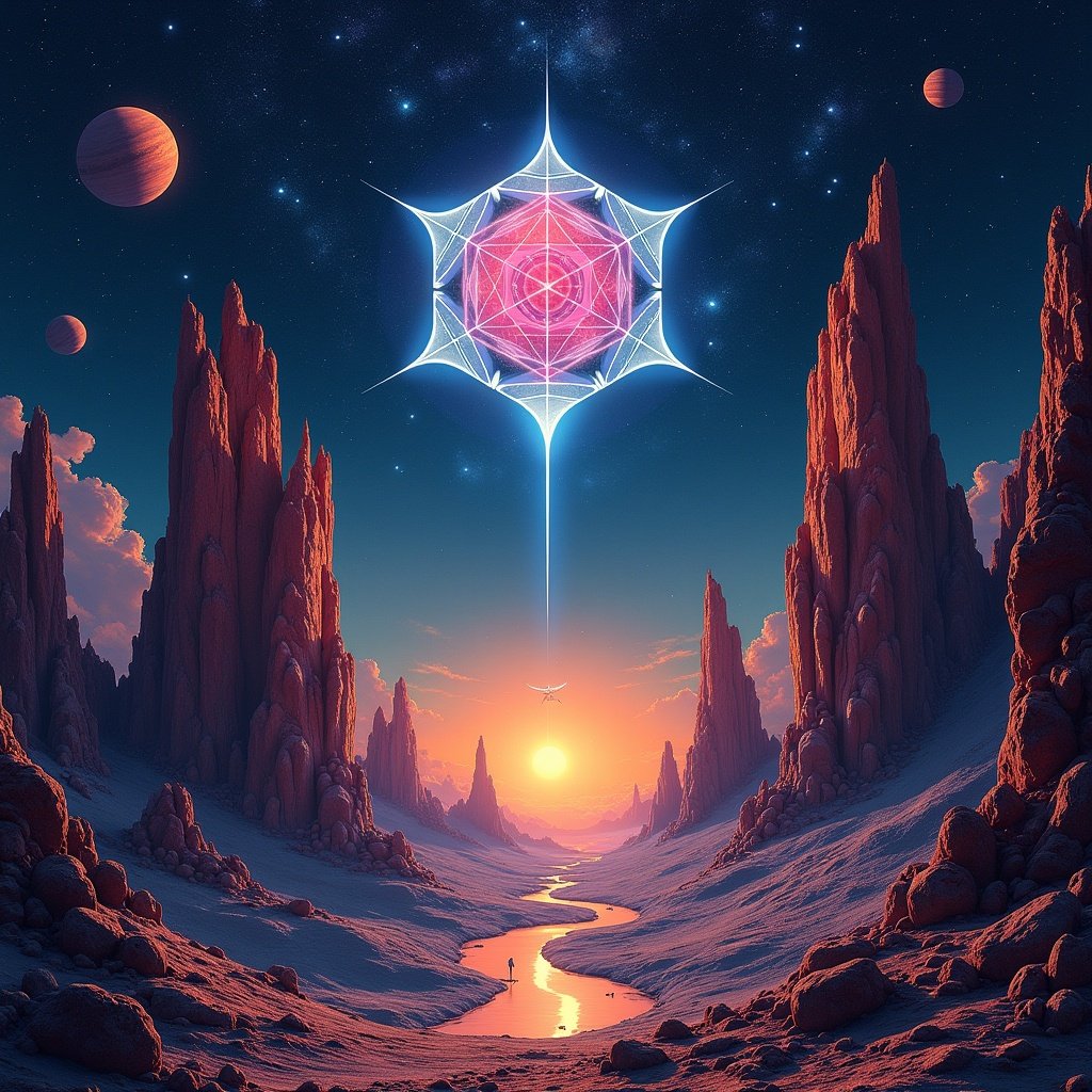 This artwork for a space rock album features a surreal landscape dominated by towering, jagged rock formations. The scene is set against a starry cosmic background filled with drifting stars and planets. At the center, a glowing heptagon illuminates the landscape, casting otherworldly light. The colors blend beautifully from deep blues to bright oranges, creating an electrifying atmosphere. The vibe is psychedelic and futuristic, capturing the essence of space exploration and musical energy. The rocky formations mirror the iconic Pillars of Creation, rising dramatically against the cosmic backdrop.