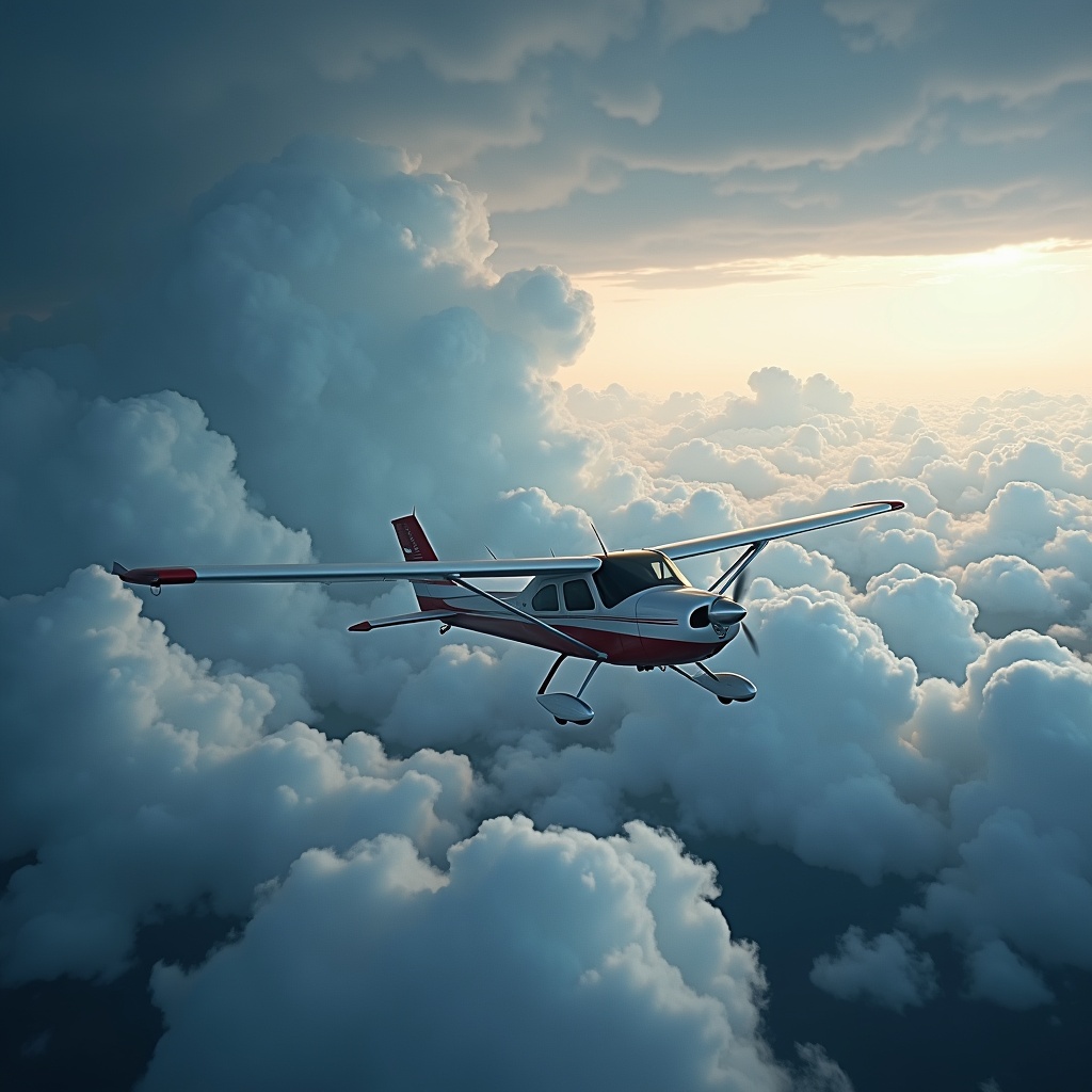 A small Cessna plane is flying amidst various clouds, showcasing distinct types such as fluffy cumulus and darker storm clouds. A hurricane looms ominously in the background, adding a sense of drama to the scene. The plane is prominently featured in the foreground, ensuring the viewer's attention is drawn to it. Sunlight filters through the dense clouds, creating a striking contrast between light and dark. The atmosphere is one of adventure and the thrill of flying.