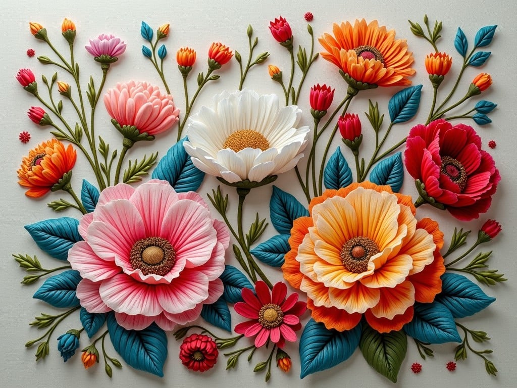 A colorful and detailed illustration of large, vibrant, three-dimensional flowers with foliage on a neutral background.