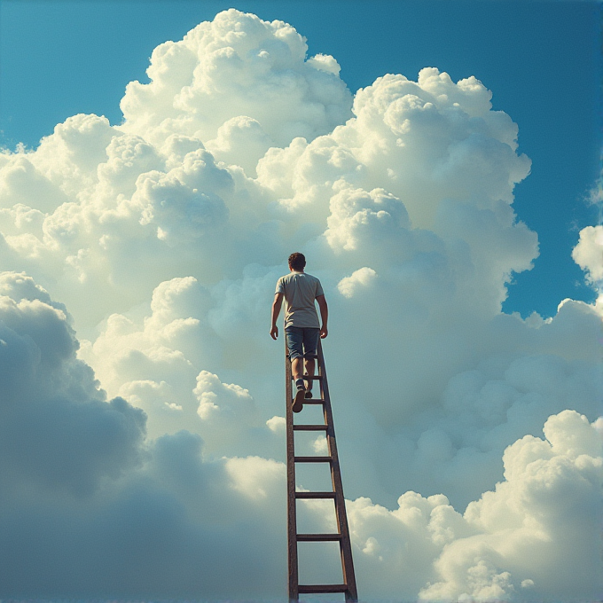 A person climbs a ladder into fluffy white clouds against a bright blue sky.