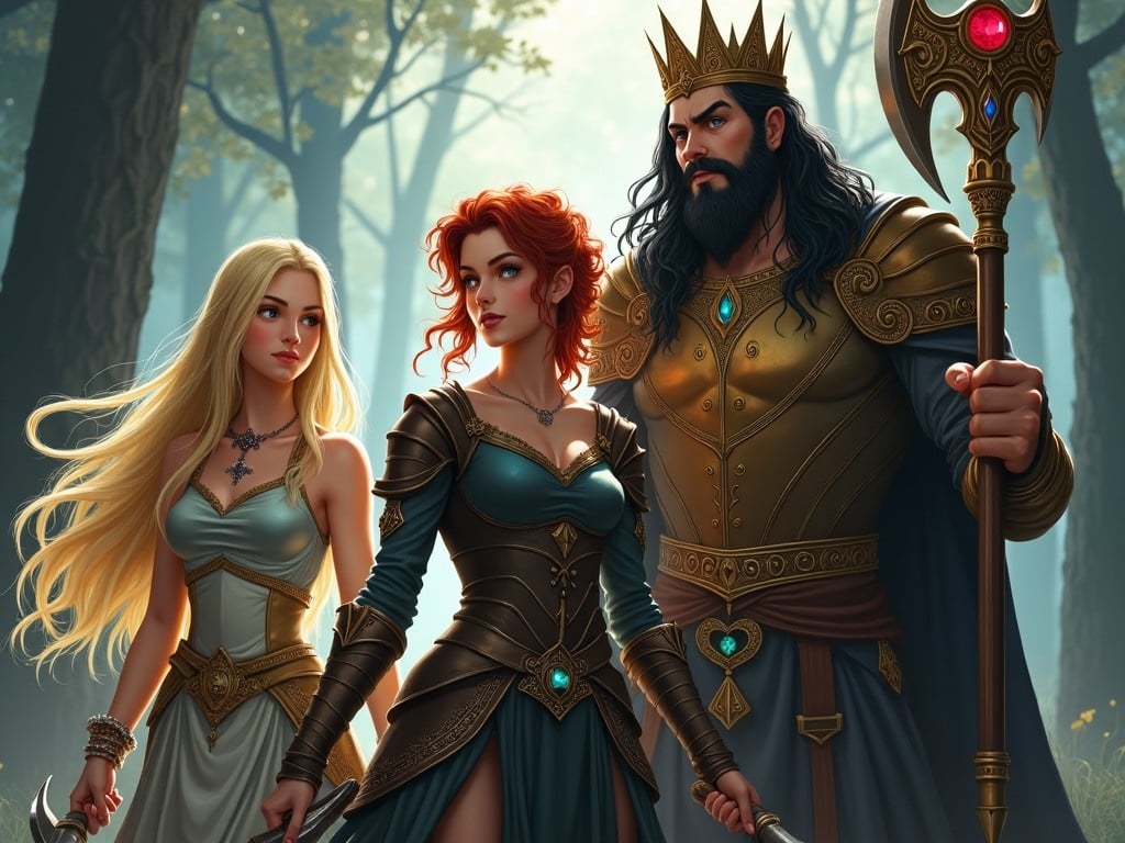 This image depicts three fantasy characters standing in a mystical forest. The first girl has long, blonde hair and wears light armor in gold and blue, holding a delicate sword. The second girl features short, red, curly hair with a confident expression, dressed in dark leather armor and wielding a heavy axe. The warrior, tall and powerful, has long dark hair and a beard, adorned with a crown of rubies, and holds a staff topped with a magical stone. The dark forest in the background is filled with soft beams of light, creating a magical atmosphere.