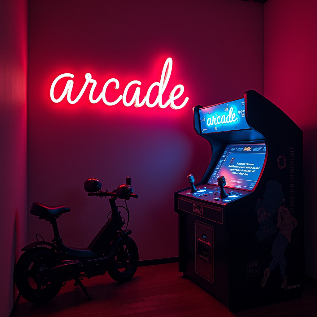 An arcade machine and a scooter under a neon 'arcade' sign glow in a dimly lit room.