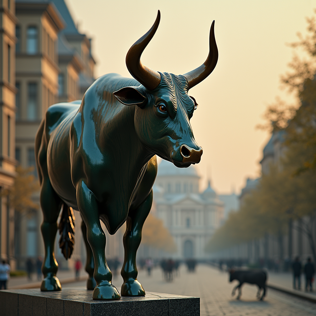 A large, metallic bull statue stands prominently in a bustling city street, symbolizing strength and prosperity.