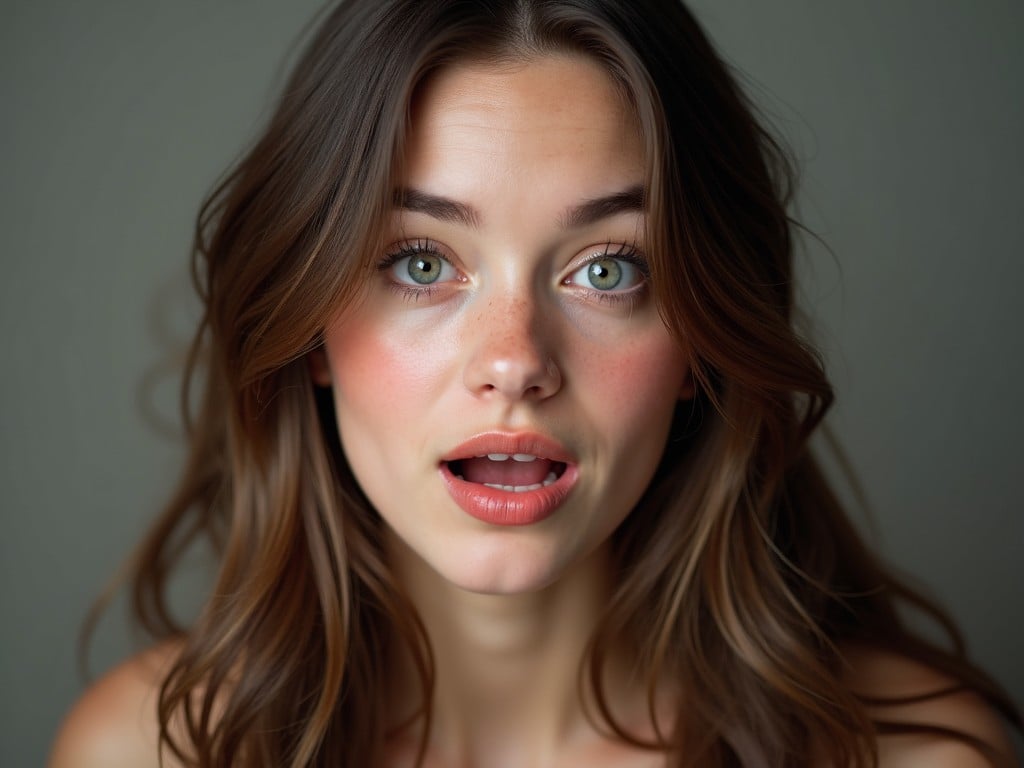 A portrait of a young woman with long brown hair and green eyes, looking surprised. She is in front of a neutral grey background. Her cheeks are slightly flushed, and her lips are slightly parted.