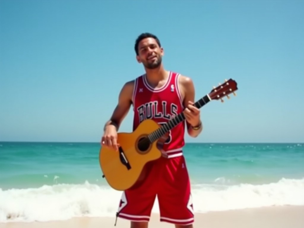 The image depicts a man standing on a beach, wearing a red basketball jersey and shorts that feature the logo of the Chicago Bulls. He is holding an acoustic guitar and appears to be enjoying the sunny weather, with the ocean waves gently crashing behind him. The sky is clear and blue, indicating a beautiful day. His expression suggests he is either singing or playing the guitar. The overall scene conveys a relaxed and casual vibe, mixing sports attire with music on the beach.