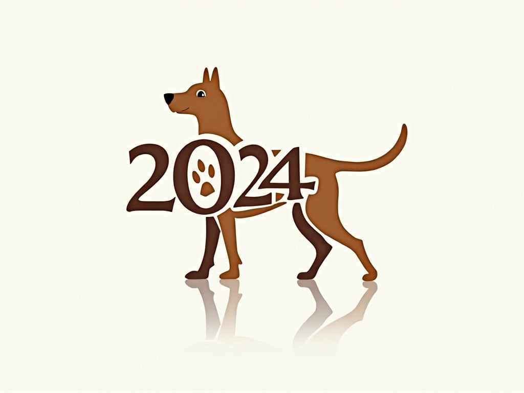 The image features a cartoon dog walking beside the year 2024. The dog is brown and depicted in a playful and lively manner. The numbers 2024 are prominently displayed. This design conveys a sense of joy and celebration for the upcoming year. The background is a soft beige which enhances the dog and numbers. It's an ideal illustration for New Year’s thematic materials with a pet focus. This image appeals to both dog lovers and those celebrating the New Year. Overall, it has a warm and inviting aesthetic.