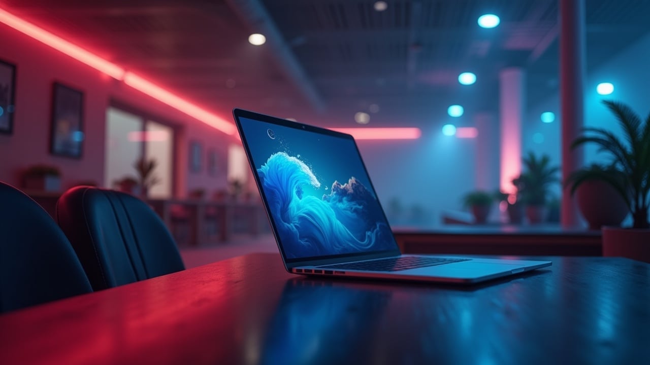 laptop with ocean-themed wallpaper, moody neon-lit office, blue and pink lighting, evening setting, modern technology, futuristic workplace